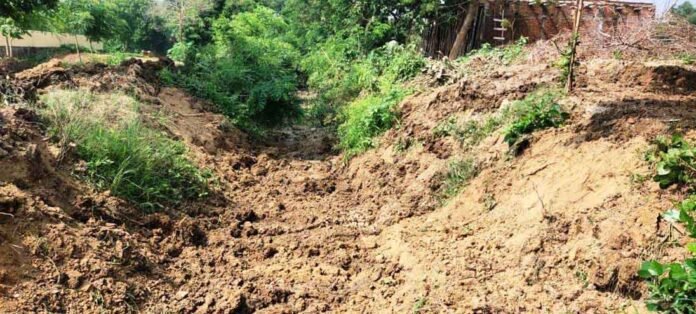 धीना क्षेत्र में पानी के अभाव में सूखी सोनहुली माइनर के टेल का हिस्सा।