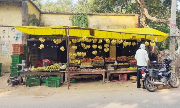 शहाबगंज ब्लाक के सामने अतिक्रमण कर लगाई की फल की दुकान।