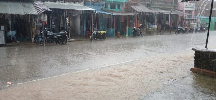 नौगढ़ कस्बे में हो रही बारिश का दृश्य।